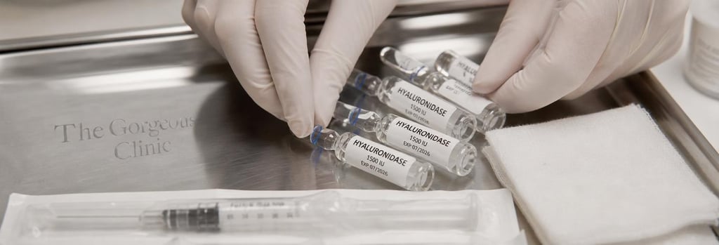 Photorealistic close-up of a sterile tray with hyaluronidase ampoules and gloved hands, soft clinical lighting, editorial medical still life, no branding