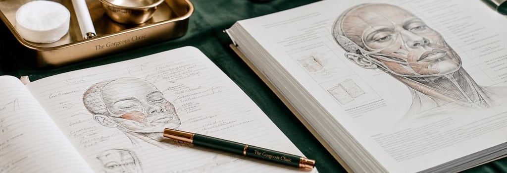 Photorealistic close-up of anatomy notes and an open workbook showing a non-readable facial anatomy diagram, polished clinic pen and clinic tray, detail-led editorial feel, no readable labels, warm clinical light, forest green cloth underlay.