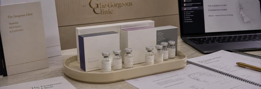 Photorealistic still life of several small hyaluronic acid vials and labelled (non-readable) product packaging on a cream ceramic tray, clinic notes and a laptop showing an abstract course module, editorial clinical-education feel.