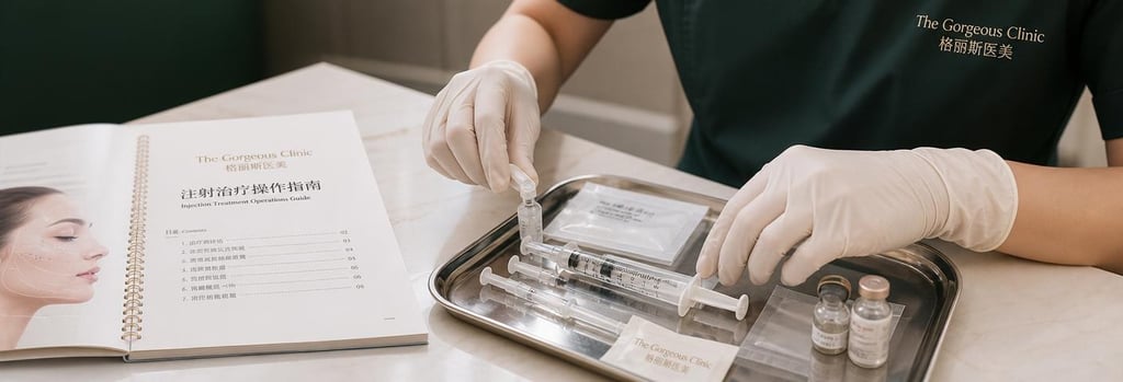 Photorealistic close-up of a Chinese practitioner’s gloved hands arranging a sterile tray with syringes and vials, clinical workbook open beside it, soft cream and forest green tones, editorial medical-education composition.