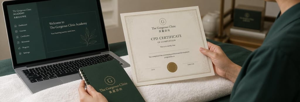 Photorealistic close-up of a Chinese practitioner’s hands holding a blank CPD certificate and notebook on a treatment surface, laptop with abstract academy interface nearby, forest green and cream tones, editorial educational composition.