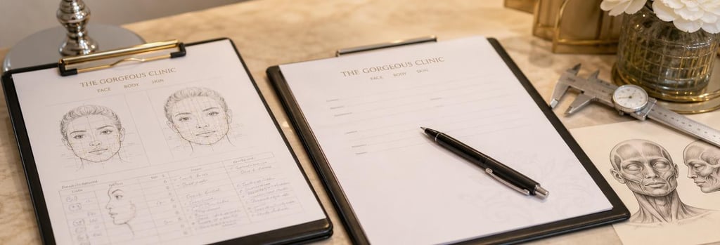 Photorealistic detail of treatment-mapping notes on a clipboard, blank consultation form and a clinic pen, small measuring caliper and anatomy sketch without readable text, warm clinical light, elegant editorial still life.