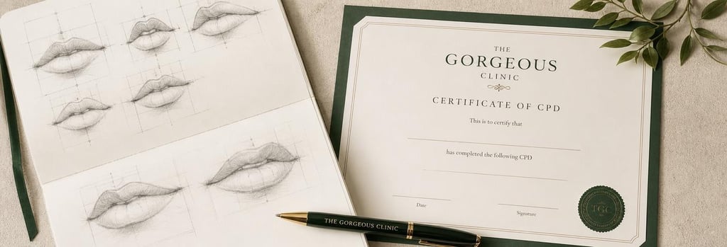 Photorealistic still life of anatomy notes showing non-readable lip landmark sketches beside a blank CPD-style certificate and a clinic pen. Include textured cream surface and soft forest green details, editorial feel, single focal point.