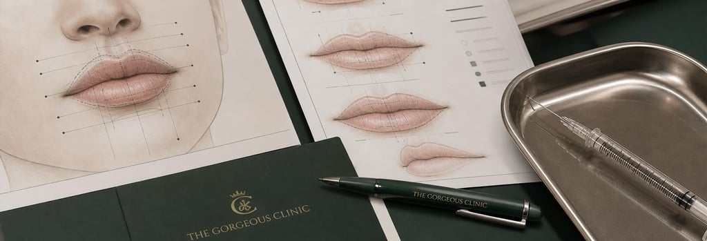 Photorealistic close-up of refined anatomy notes beside a polished syringe and sterile tray, showing a labelled diagram of lip landmarks without readable text. Include a treatment mapping sheet and clinic pen, forest green and cream accents, editorial clinical-education mood.
