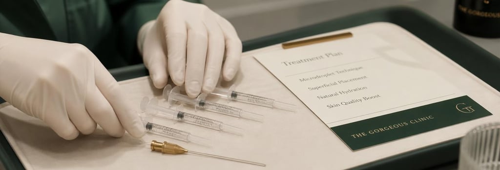 Photorealistic close-up of gloved hands arranging sterile microdroplet syringes and a small cannula on a tray, with a neat treatment planning card beside them. Include soft cream and forest green tones, single focal point, editorial clinical-education mood.