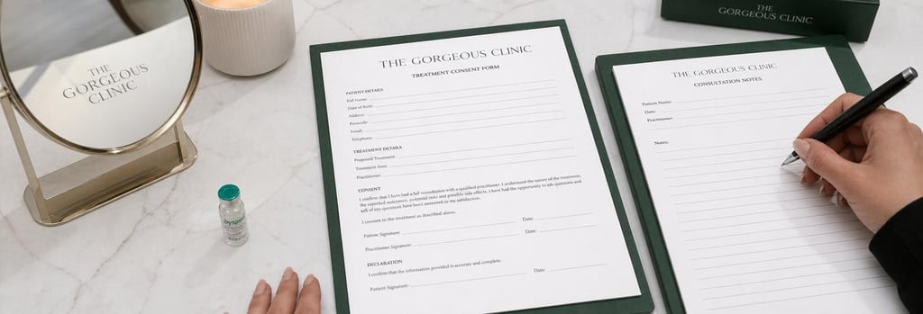 Photorealistic detail of a blank treatment consent form and consultation notes beside a clinic mirror and a small vial, hands in frame but not identifiable, cream and forest green accents, calm clinical composition.