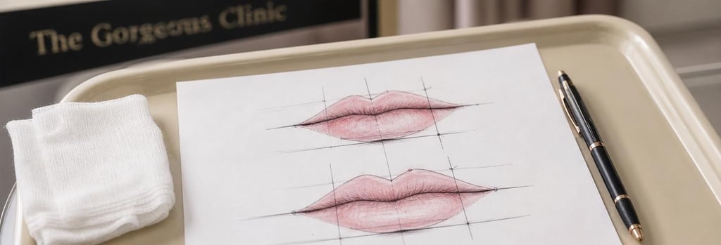 Photorealistic close-up of a treatment-mapping sheet with asymmetric lip sketches, clinic pen and sterile gauze on a cream tray, no readable text, shallow depth-of-field, editorial clinical-education feel