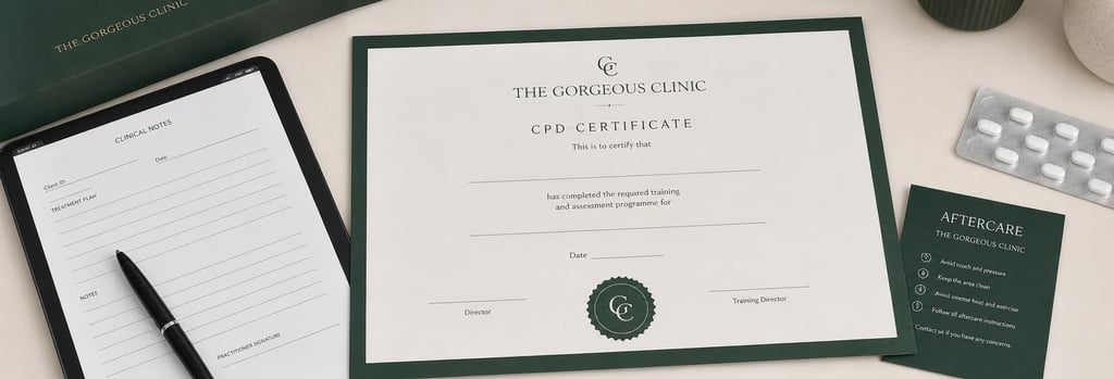 Photorealistic detail of a blank CPD certificate beside clinic notes and an aftercare card, small antiviral pill blister visible but unreadable, clean cream surface, forest green accent, editorial training still life