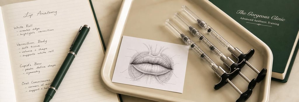 Photorealistic still life of anatomy notes beside polished syringes on a cream surgical tray, a small printed lip anatomy sketch without readable labels, forest green pen and clinic notebook, soft flattering light, editorial medical training composition