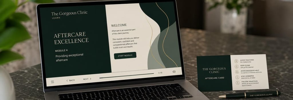 Photorealistic close-up of a laptop showing an abstract e-learning module about aftercare, a printed aftercare card and clinic pen beside it, forest green and warm cream tones, shallow depth-of-field, editorial training composition