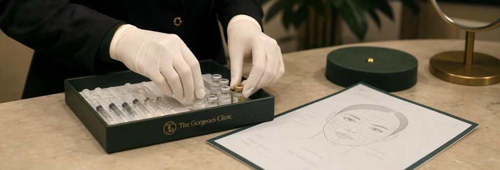 Photorealistic close-up of gloved hands arranging a sterile tray with syringes and small vials, treatment-mapping sheet without readable text beside the tray, warm cream and forest green tones, editorial clinical-training detail