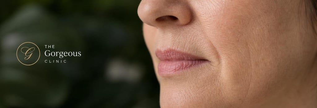 Photorealistic macro image of mature skin texture with subtle lines and pores, clinical lighting, shallow depth-of-field, editorial quality, forest green and warm cream accents, single focal point on skin surface, suitable for medical aesthetics blog.