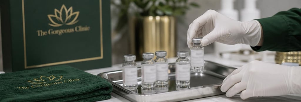 Photorealistic still life of glass vials and gloved hands preparing a sterile tray, clinical lighting, forest green and warm cream accents, editorial medical-luxury feel, single focal point on vial labels blurred, suitable for infection-control topic.