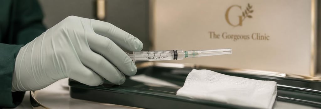 Photorealistic close-up of gloved hand holding a sterile syringe on a tray with gauze, clinical lighting, forest green and warm cream accents, single focal point on syringe tip shielded, editorial medical-luxury feel.