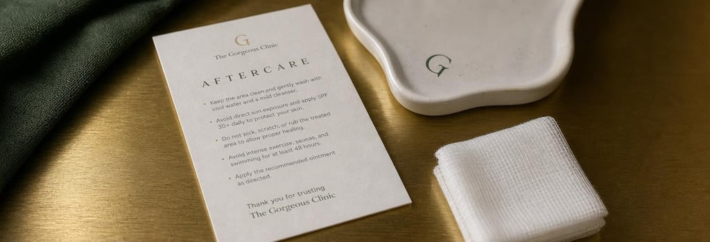 Photorealistic still life of an aftercare card, a small cream ceramic tray and folded gauze on a brushed gold surface, calm clinical lighting, forest green accent fabric in background, single focal point on aftercare card edges, editorial medical-luxury feel.