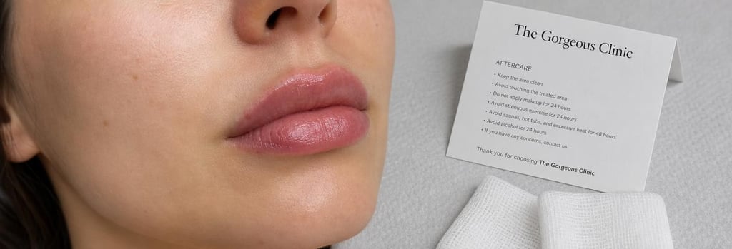 Photorealistic close-up of a modelled lip area on a neutral background with a folded aftercare card and sterile gauze nearby, clear anchor objects (gauze, aftercare card, lip close-up), soft flattering light, editorial clinical textures, no logos