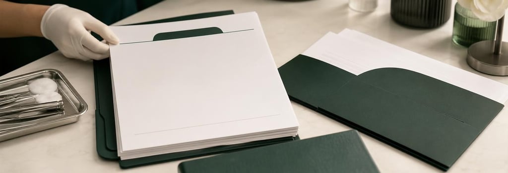 Photorealistic still life of clinic letters and policy documents on a cream tabletop with a sterile tray and gloved hand beside them, clear medical-aesthetic anchor objects (tray, gloves, papers), shallow depth-of-field, forest green accent, editorial clinical-luxury feel, no readable text or logos