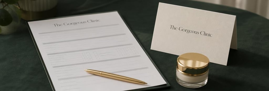 Photorealistic image of a consultation-style still life: consultation form, pen, folded aftercare card and a small cream jar on a forest green cloth, anchor objects (consultation form, aftercare card, pen), editorial clinical-luxury lighting, no readable text or logos