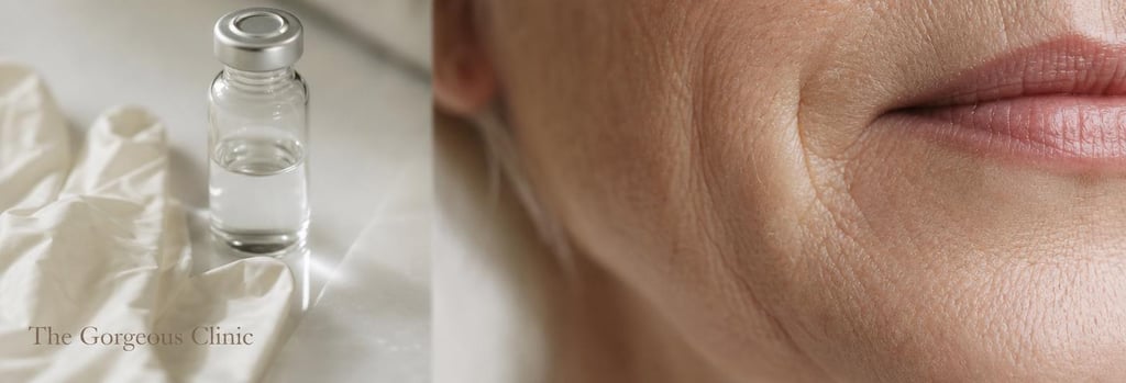 Photorealistic macro image of mature skin texture near the mouth, with a small clear vial and a pair of gloves beside it, anchor objects (vial, gloves, skin close-up), soft editorial light, no logos
