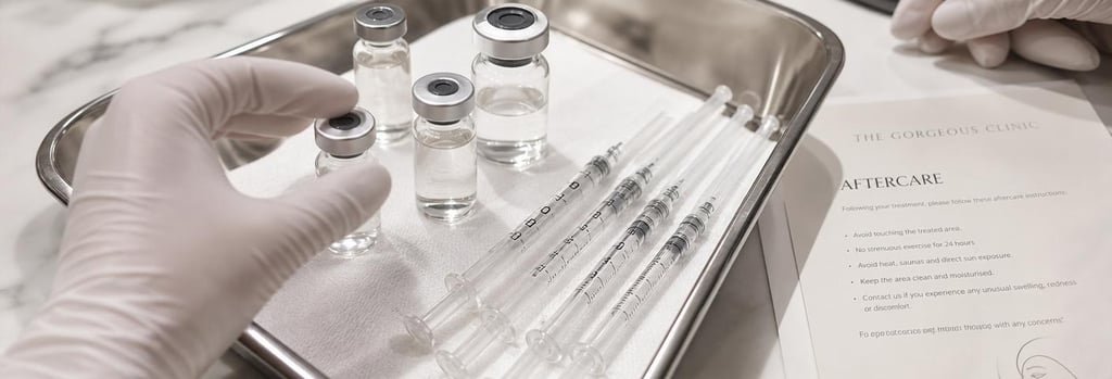 Photorealistic still life of polished syringes and glass vials on a sterile tray, with a cream aftercare leaflet partly visible and gloved hands preparing, anchor objects (syringes, vials, tray), editorial clinical-luxury lighting, no brand labels