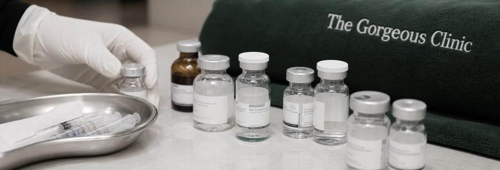 Photorealistic still life of labelled medical vials (labels unreadable) and a sterile tray on a clinical surface, gloved hand in frame, shallow depth-of-field, subtle forest green linen in background, editorial clinical detail.