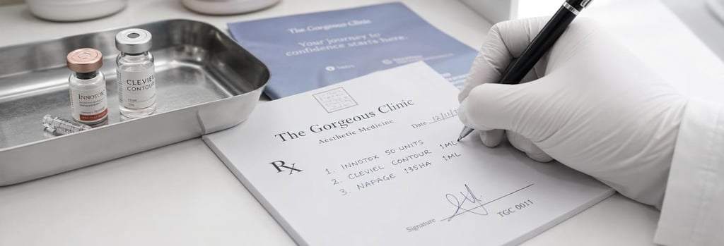 Photorealistic close-up of a prescription pad and gloved hand writing, sterile tray with small vials nearby, blue information leaflet blurred in background, premium clinical lighting.