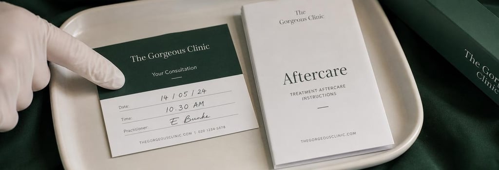Photorealistic close-up of a consultation appointment card and folded aftercare leaflet on a cream ceramic tray, gloved hand pointing, forest green accent fabric, editorial, no people faces visible.