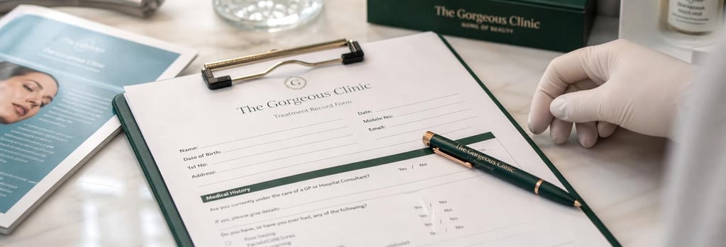Photorealistic close-up of a treatment form and pen on a clinical desk, gloved hand nearby, blue health-information style leaflet visible but unreadable, warm cream and forest green accents, editorial medical-luxury feel.