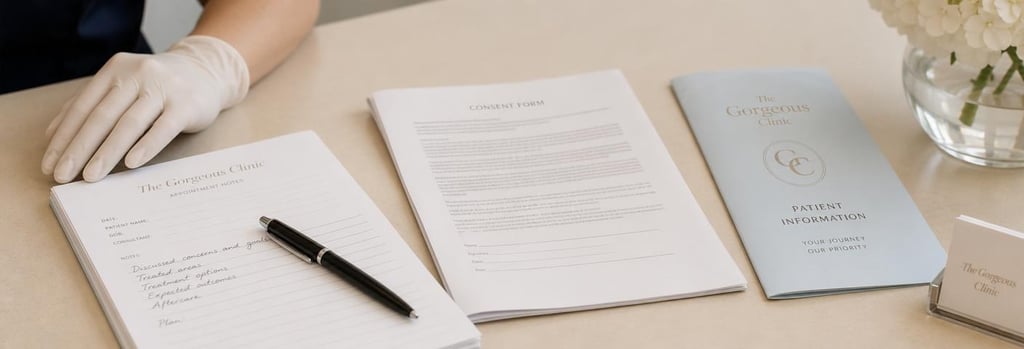 Photorealistic close-up of a tidy consultation desk: appointment notes, pen, folded consent form (text unreadable), and a pale blue patient information leaflet, warm cream surface, gloved hand resting nearby, calm editorial lighting.