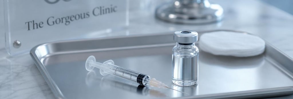 Photorealistic still life of a sterile tray with a single syringe and a glass vial, soft clinical-blue tones, shallow depth-of-field, editorial medical-aesthetic feel, no readable labels, elegant clinic surfaces.