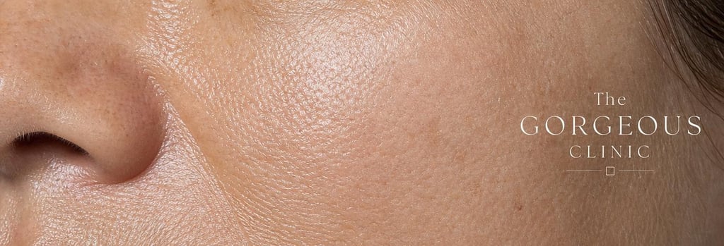 Photorealistic macro image of mature skin texture on the cheek, editorial clinical lighting, visible pores and realistic texture, soft neutral tones, single focal point, premium medical-aesthetic close-up.