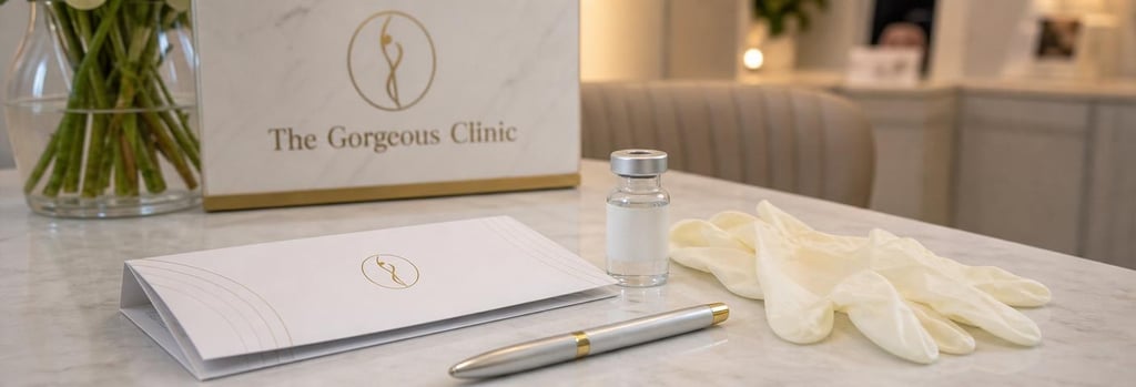 Photorealistic still life of consultation items on a clinic desk: consent form folded with a pen, a small sterile vial, and latex gloves, neutral clinical tones, shallow depth-of-field, no readable text.