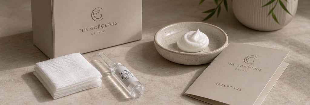Photorealistic still life of an aftercare kit: small sterile gauze, saline ampoule, soothing cream in a ceramic dish, folded aftercare card without readable text, soft warm clinical light, premium aesthetic.