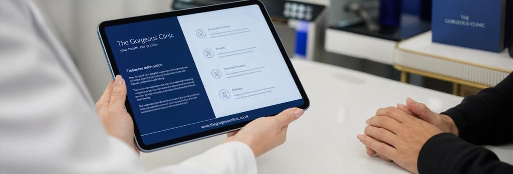 Photorealistic close-up of hands holding a tablet showing generic, unreadable treatment information, anonymous patient hands and practitioner hands visible, medical-blue and neutral tones, shallow depth-of-field.