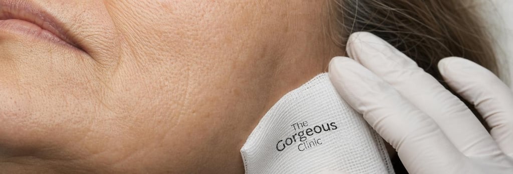 Photorealistic macro image of mature facial skin texture near the cheek and jawline, soft clinical lighting, shallow depth-of-field, showing realistic pores and fine lines. Include a small sterile gauze and pair of gloved fingers resting nearby as clinical anchors.