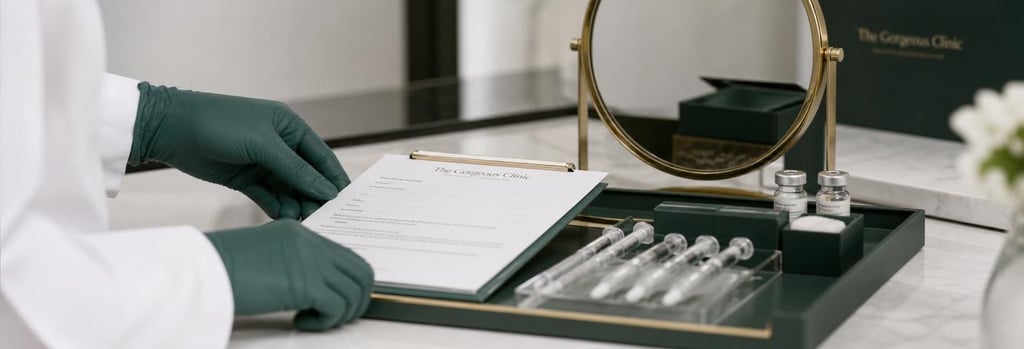 Photorealistic close-up of a sterile tray with syringes and vials, gloved hands placing a consent form (text unreadable) beside a small mirror. Editorial, forest green and cream accents, calm clinical-luxury mood, single focal point, negative space.