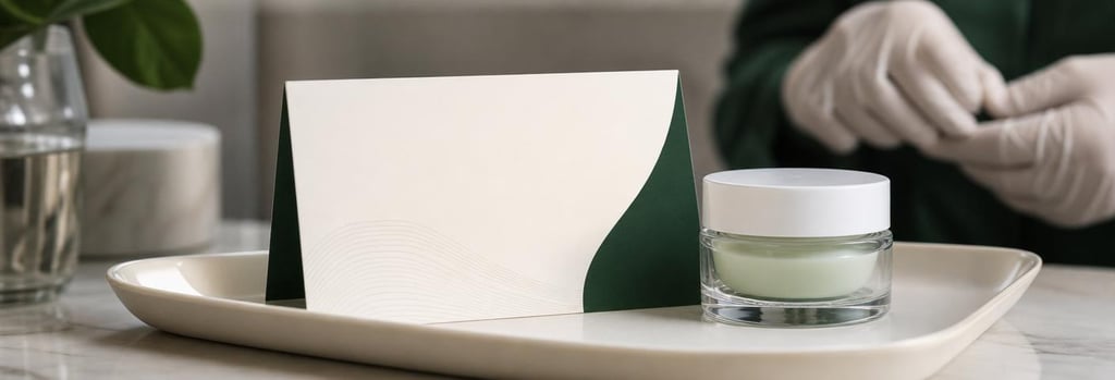 Photorealistic close-up of an aftercare card and a small jar of soothing cream on a cream ceramic tray, with a pair of gloved hands in soft focus. Editorial, premium clinical feel, no readable text or logos, forest green accent.