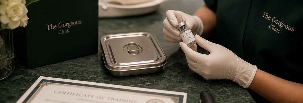 Photorealistic still life of a clinician's workstation: gloved hands holding a small vial near a closed sterile tray, a training certificate edge visible but unreadable. Editorial, forest green and warm cream tones, single focal point, premium clinical detail.