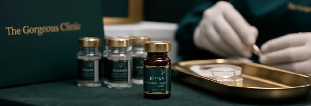 Photorealistic close-up of labeled (unreadable) glass vials and a small amber vial of enzyme beside a sterile tray, gloved hands in soft focus. Editorial clinical still-life, forest green and gold accents, single focal point.