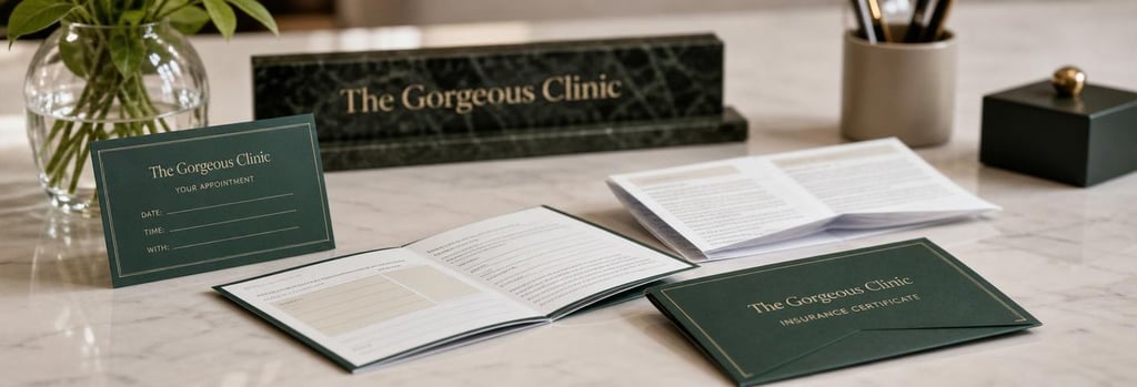 Photorealistic still life of a clinician\u0000s desk with an appointment card, folded consent form (no readable text) and a closed insurance certificate envelope, soft clinical lighting, forest green accents
