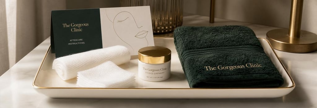 Photorealistic still life of an aftercare kit on a cream ceramic tray: gauze, small jar of sterile ointment, instruction card (no readable text), forest green towel, soft gold accent