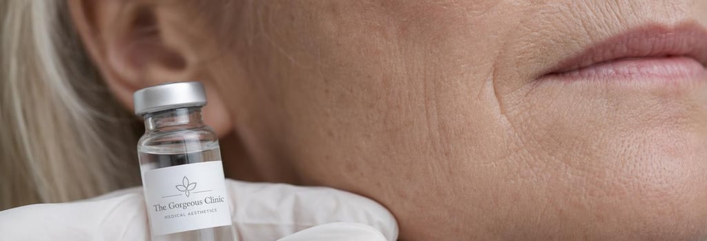 Photorealistic macro image of mature skin texture under soft clinical light, with a small sterile vial and pair of gloves in the foreground, editorial medical aesthetic look