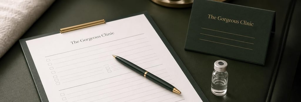 Photorealistic close-up of a consultation form and a tidy pen on a forest green treatment surface, an appointment card and a small sterile vial visible, no readable text or logos