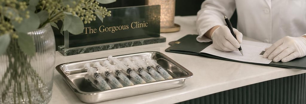 Photorealistic still life of a sterile tray with polished syringes and gloved hands preparing paperwork, forest green and cream clinic surfaces, editorial medical aesthetic feel, no readable labels