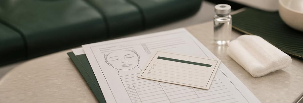 Photorealistic still life of medical notes and a small anonymous aftercare card on a neat treatment surface, a sterile gauze and vial in frame, shallow depth of field, forest green accent, warm clinical lighting, no logos or readable text