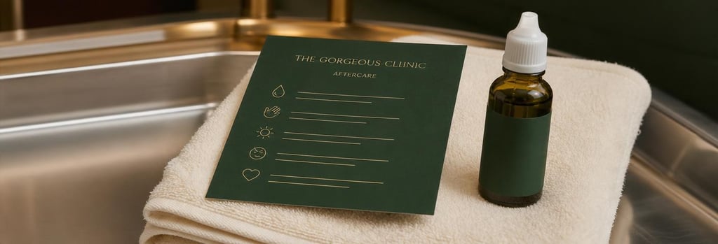 Photorealistic close-up of an aftercare card and a small bottle of antiseptic solution on a folded cream towel, sterile tray edge visible, warm gold and forest green tones, editorial clinical lighting, no logos or readable text