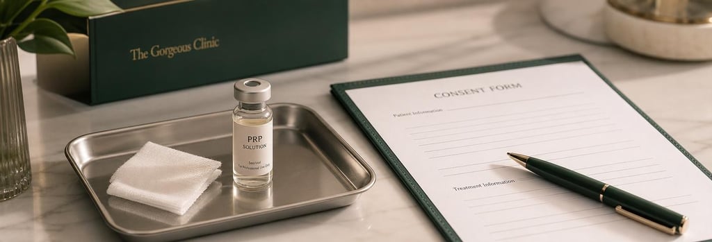 Photorealistic still life of a sterile tray with labelled glass vial (no readable branding), small gauze, and a pen resting on a blank consent form, soft warm light, forest green accent, clinical-detail editorial