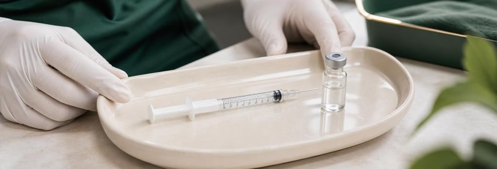 Photorealistic close-up of a sterile tray with syringe and vial on cream ceramic tray, gloved hands nearby, soft clinical lighting, forest green background accent, editorial medical-aesthetic feel, no text or logos