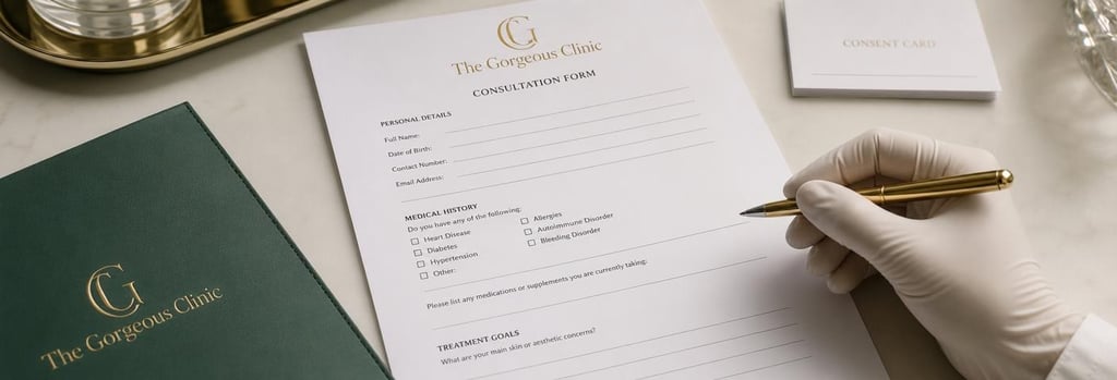 Photorealistic close-up of a consultation form and gloved hand holding a pen on a cream tabletop, medical-aesthetic anchor objects: gloves, blank consent card, gold pen, forest green surface, soft clinical lighting, editorial medical-luxury feel