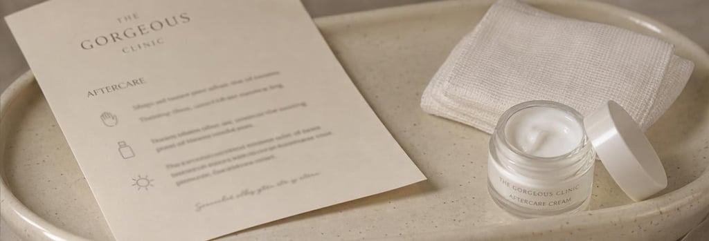 Photorealistic close-up of a cream aftercare leaflet and gauze on a ceramic tray, medical-aesthetic anchors: aftercare card (unreadable), gauze, small pot of sterile cream, soft warm lighting, editorial clinic still-life